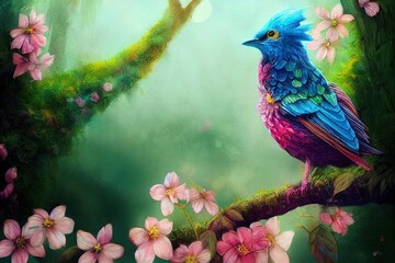 A fantasy portrait of an unusual bird in a fairy tale elfin forest. Fabulous flower garden and cute fantasy birds. Concept of a colorful magic bird. Perfect for phone wallpaper or for posters.
