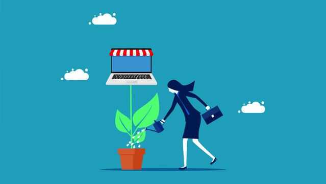 Invest in online business. Businesswoman planting a business tree vector illustration
