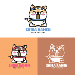 CUTE SHIBA INU EATING RAMEN CARTOON LOGO SET