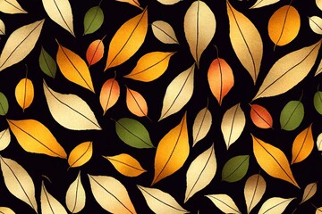Autumn graphic leaves. Melange from leaves for decoration on brown background. Seamless pattern.