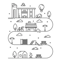 Vector city illustration in linear style - buildings and clouds - graphic design template