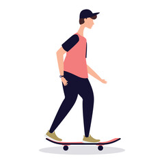 Boys ride skateboards. Young men, skateboarding. Men's cartoon characters are isolated on a white background. Flat vector illustration.