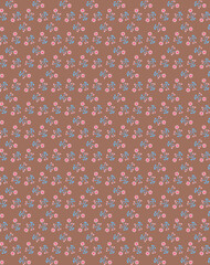 Cute Ditsy floral fabric print with pink flowers and blue leaves isolated on a muted brown background