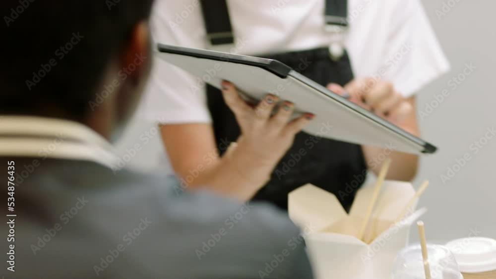 Poster bt18-06-a2-57. digital business and lunch meeting with tablet for strategy conversation together in 