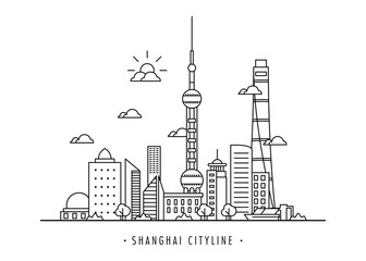 Shanghai city line. Outline of city roads with office buildings. Cityscape vector modern Illustration of lines of city and city roads