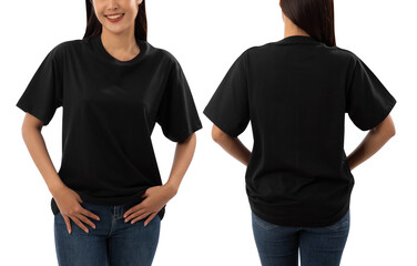 Young woman in black oversize T shirt mockup isolated on white background with clipping path.