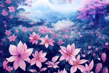 A fantasy japan kitty with flowers and a beautiful magical fairy tale enchanted forest. Artistic abstract beautiful nature. Perfect for phone wallpaper or for posters.