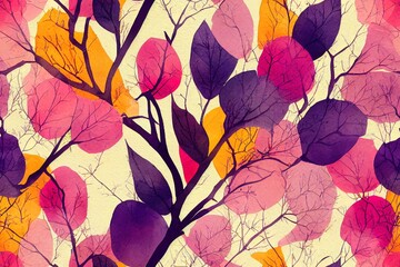Watercolor seamless pattern, background with vintage pattern. Pink, yellow bush, tree, beautiful autumn landscape in pink, lilac color. On a white background. Stylish fashion illustration.