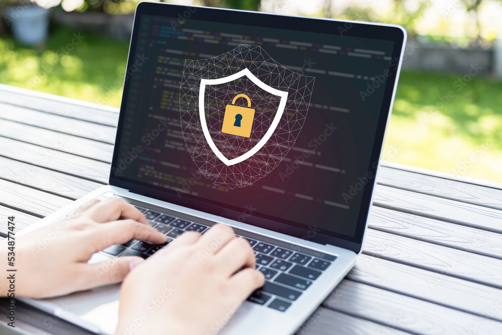Poster laptop computer with technology cybersecurity and privacy concept. protection and safe data for glob