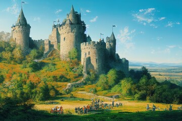 Fototapeta premium A landscape illustration of the medieval fantasy fortified castle and knights with colourful trees under vast blue sky.