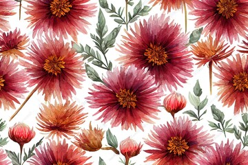Watercolor autumn seamless pattern of aster, dahlia, rose, leaves and dry grass. Hand painted meadow flowers isolated on white background. Floral wild illustration for design, fabric or background.