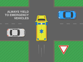 Safe driving tips and traffic regulation rules. Always give way to emergency vehicles at crossroads. Ambulance car goes first at intersection with priority signs. Flat vector illustration template. © flatvectors