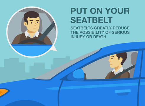 Safe driving tips and rules. Put on your seatbelt. Seatbelts greatly reduce the possibility of serious injury or death. Close-up of male driver wearing a seatbelt. Flat vector illustration template.