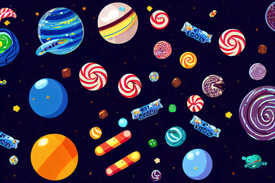 Candy planet cartoon poster with fantasy alien trees and sweets. Magic unusual nature landscape for computer game, fairy tale cosmic background with beautiful strange plants, web banner