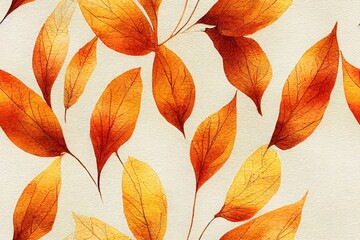 White background and golden leaves, watercolor seamless patten, autumn ornament for print.