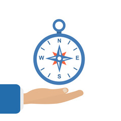 A hand holding a compass on a white background. Vector illustration