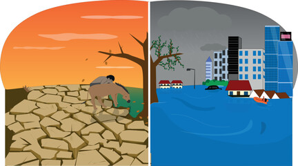 Vector Illustration of global warming with drought and flood - obrazy, fototapety, plakaty