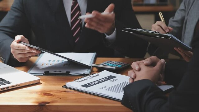 Businessman working with smart phone and laptop and digital tablet computer in office with digital marketing media in virtual icon