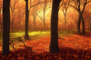 Autumn landscape with fallen leaves, bench and wellies. Copy space. 3D illustration.