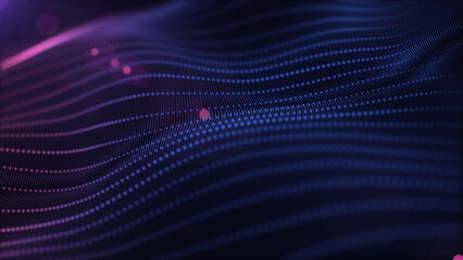Abstract digital color wave with flowing small particles dance motion on wave and light abstract background. Cyber or technology background.