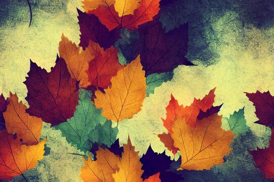 Abstract autumn fall forrest concept background in pastel colours, green, brown, light sepia with leave pattern in texture ground for panoramic banner and space for text