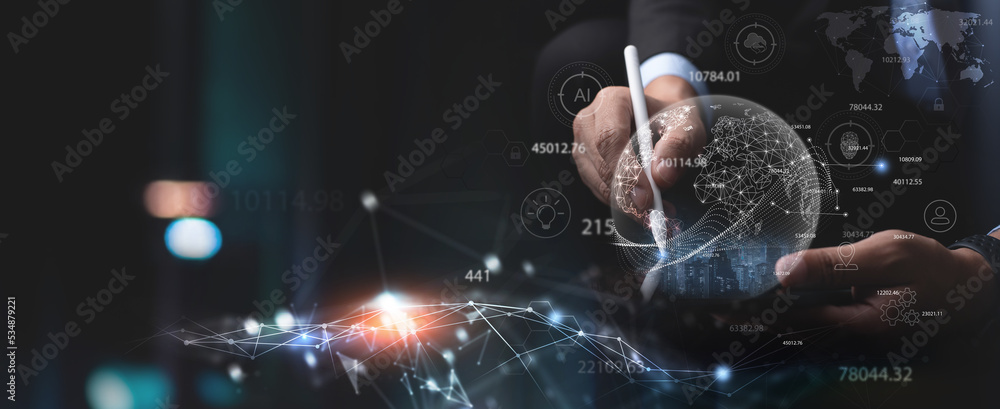 Poster businessman using digital tablet with global network connection on social networking and internet te