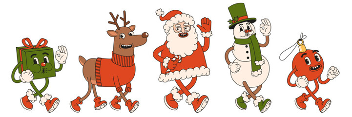 Merry Christmas and Happy New year. Santa Claus, snowman, reindeer, gift, ball in trendy retro cartoon style. Sticker pack of comic characters.