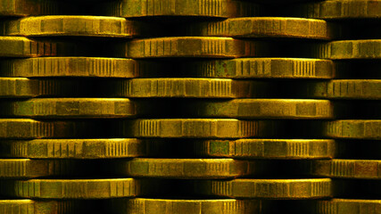 Stack of coins close up. Coin texture. Business background made of many coin edges. Economy finance and bank wallpaper. Abstract money wall. Taxes, credit and currency exchange. Macro