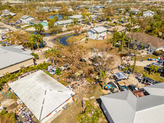 Aerial drone photo of mobile home trailer parks in Fort Myers FL which sustained damage from...