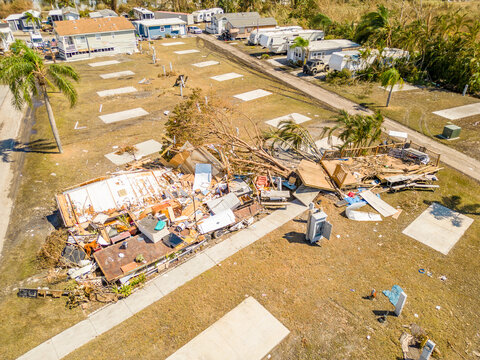 Aerial drone photo of mobile home trailer parks in Fort Myers FL which sustained damage from Hurricane Ian