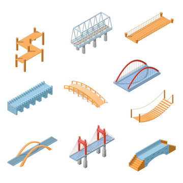 Set Abstract Collection Isometric 3D Bridge Town City Urban Infrastructure Isolated Vector Design Style
