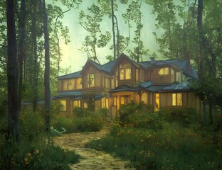 Wooden house with lit windows in evening forest