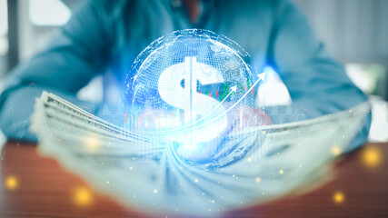 Businessman check business performance and metaverse world map with shopping online icon, paying money in the digital world, digital online concepts, line chart infographic.