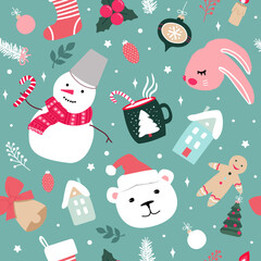 Christmas seamless pattern with cute bunnies, snowmen, gingerbread men, Christmas trees and snowflakes. Modern simple flat vector illustration.
