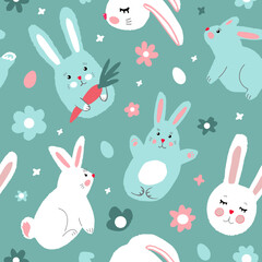Easter seamless pattern with cute bunnies, flowers and eggs. Modern simple flat vector illustration. Ideal for baby products.