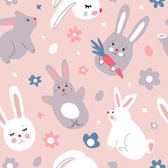 Pink Easter seamless pattern with cute bunnies, flowers and eggs. Modern simple flat vector illustration. Ideal for baby products.