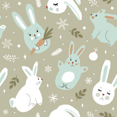 Christmas seamless pattern of cute bunnies and snowflakes. Modern simple flat vector illustration.
