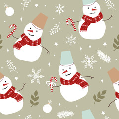 Christmas seamless pattern of cute snowmen and snowflakes. Modern simple flat vector illustration.