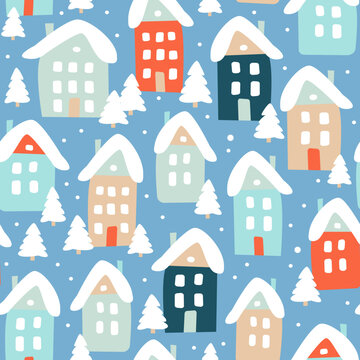 Winter seamless pattern of cute houses and snowy fir trees. Modern simple flat vector illustration. © unona art
