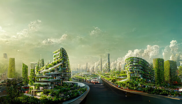 Spectacular eco-futuristic cityscape full with greenery, skyscrapers, parks, and other manmade green spaces in urban area. Green garden in modern city. Digital art 3D illustration.