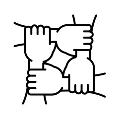 Four hands holding each other arm icon. People connected by hands together sign. Vector illustration. Charity and volunteer group symbol.