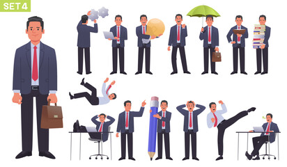 Big businessman character set. Businessman or entrepreneur in different poses and actions. Manager falls, read