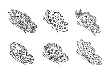 Set of hand drawn butterfly doodle elements for coloring, invitation, postcard.
