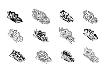 Set of hand drawn butterfly doodle elements for coloring, invitation, postcard.