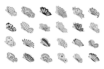 Set of hand drawn butterfly doodle elements for coloring, invitation, postcard.