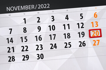 Calendar 2022, deadline, day, month, page, organizer, date, november, sunday, number 20