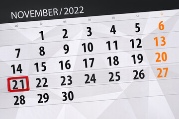Calendar 2022, deadline, day, month, page, organizer, date, november, monday, number 21