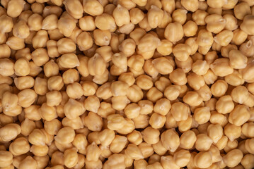 Wet chickpeas after being submerged in water for 24 hours, close-up.