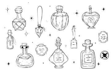 Magic potion bottle for witches doodle icon set for halloween card Illustration PNG - obrazy, fototapety, plakaty