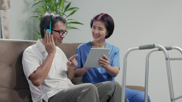 Music therapy in dementia treatment on older man.